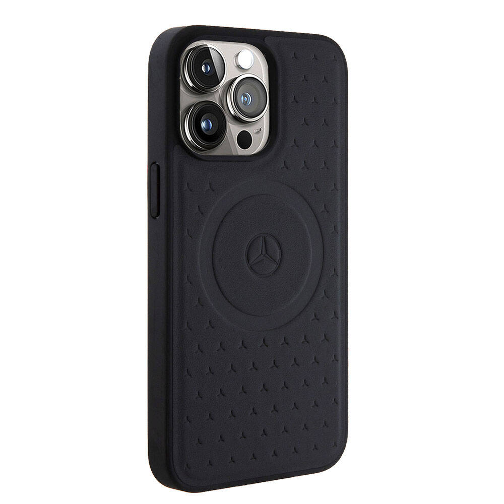 Apple iPhone 15 Pro Max Kılıf Mercedes Benz Orjinal Lisanslı M-safe Şarj Özellikli Mühürlü Yıldız Desenli ve Logolu Deri Kapak Lacivert