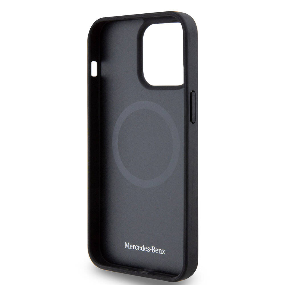 Apple iPhone 15 Pro Max Kılıf Mercedes Benz Orjinal Lisanslı M-safe Şarj Özellikli Mühürlü Yıldız Desenli ve Logolu Deri Kapak Lacivert