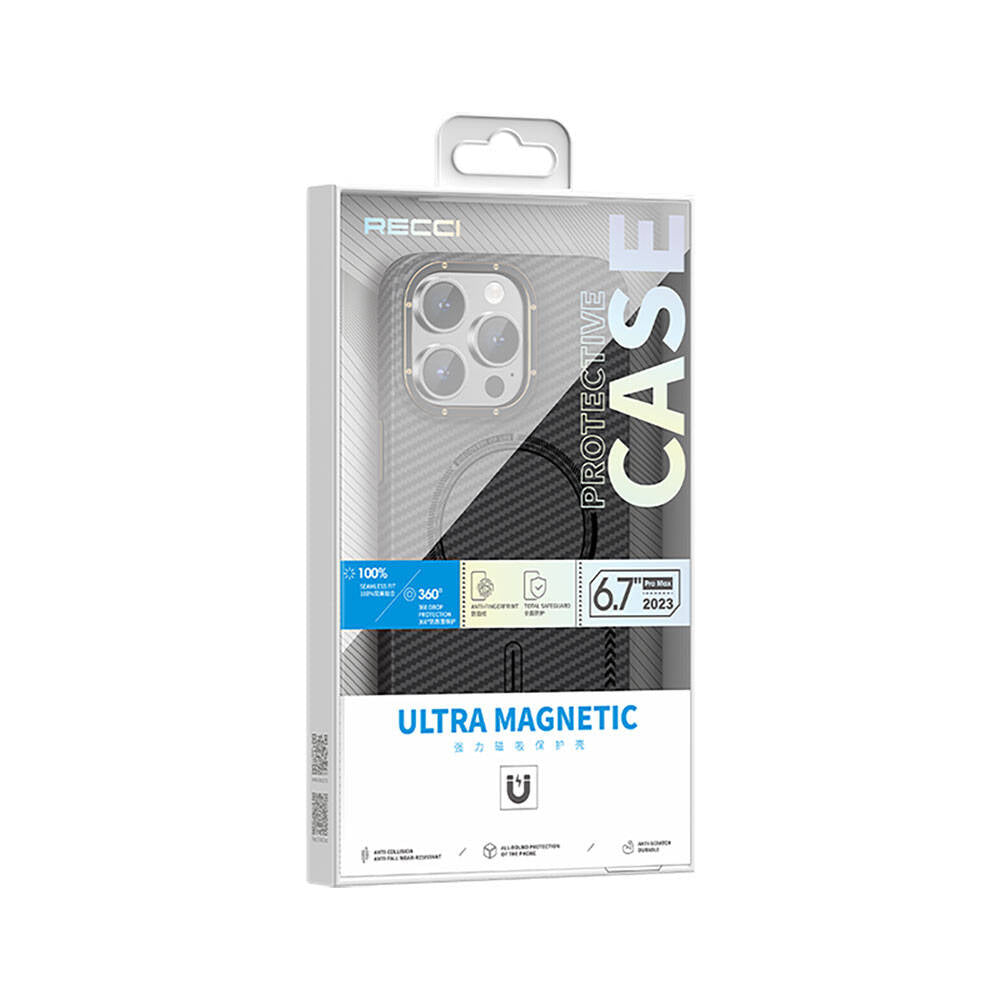 Apple iPhone 15 Pro Max Kılıf Recci Machinist Serisi M-safe Şarj Özellikli Magnetik Karbon Kapak Siyah