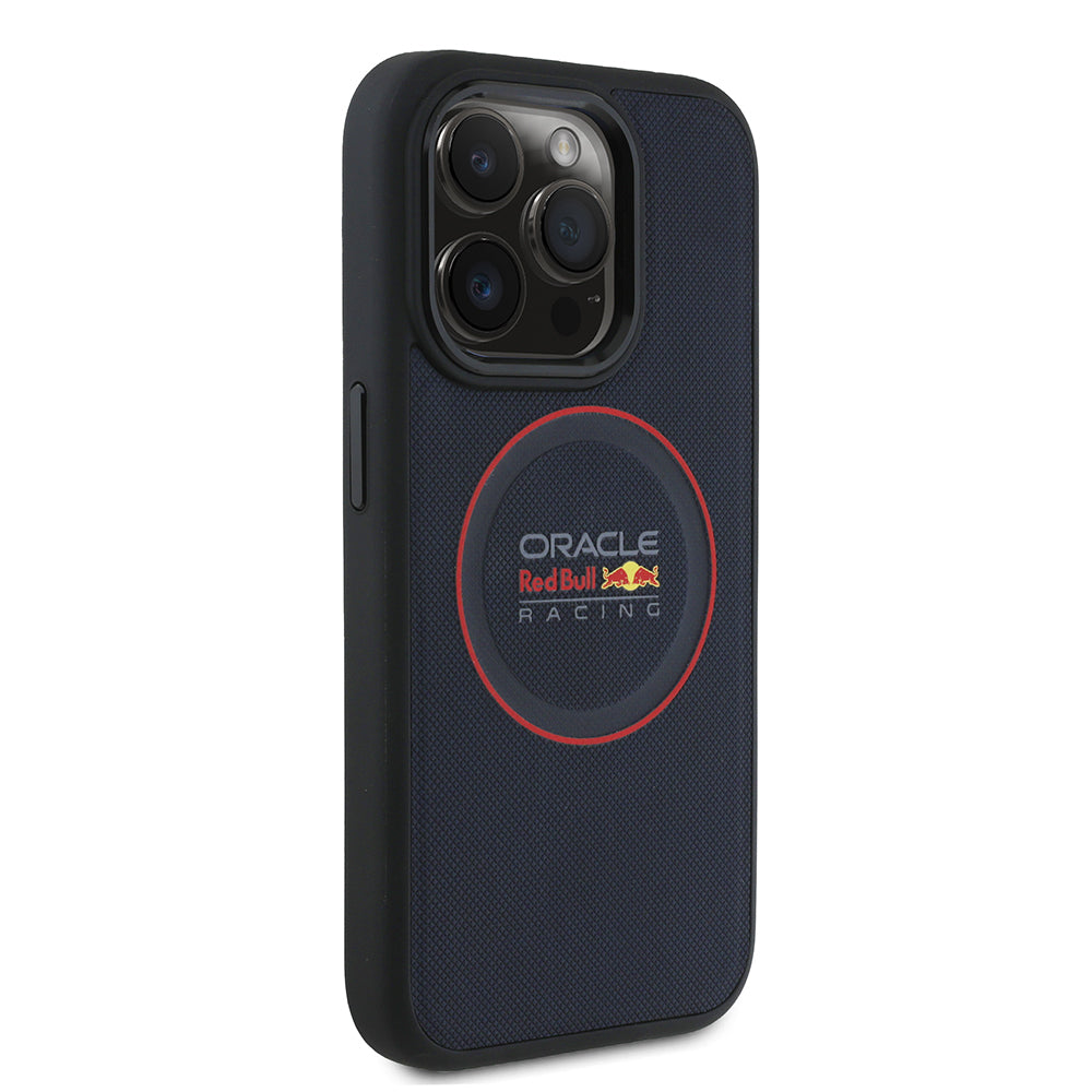 Apple iPhone 15 Pro Max Kılıf Redbull Orjinal Lisanslı M-safe Şarj Özellikli Kırmızı Halka ve Logo Kabartmalı PU Deri Kapak Lacivert