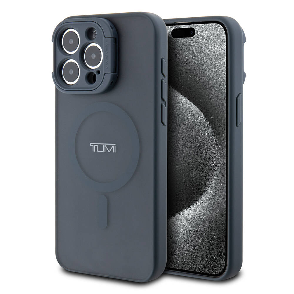 Apple iPhone 15 Pro Max Kılıf TUMI Orjinal Lisanslı M-safe Şarj Özellikli Kamera Standlı Buzlu Mat Kapak Mavi