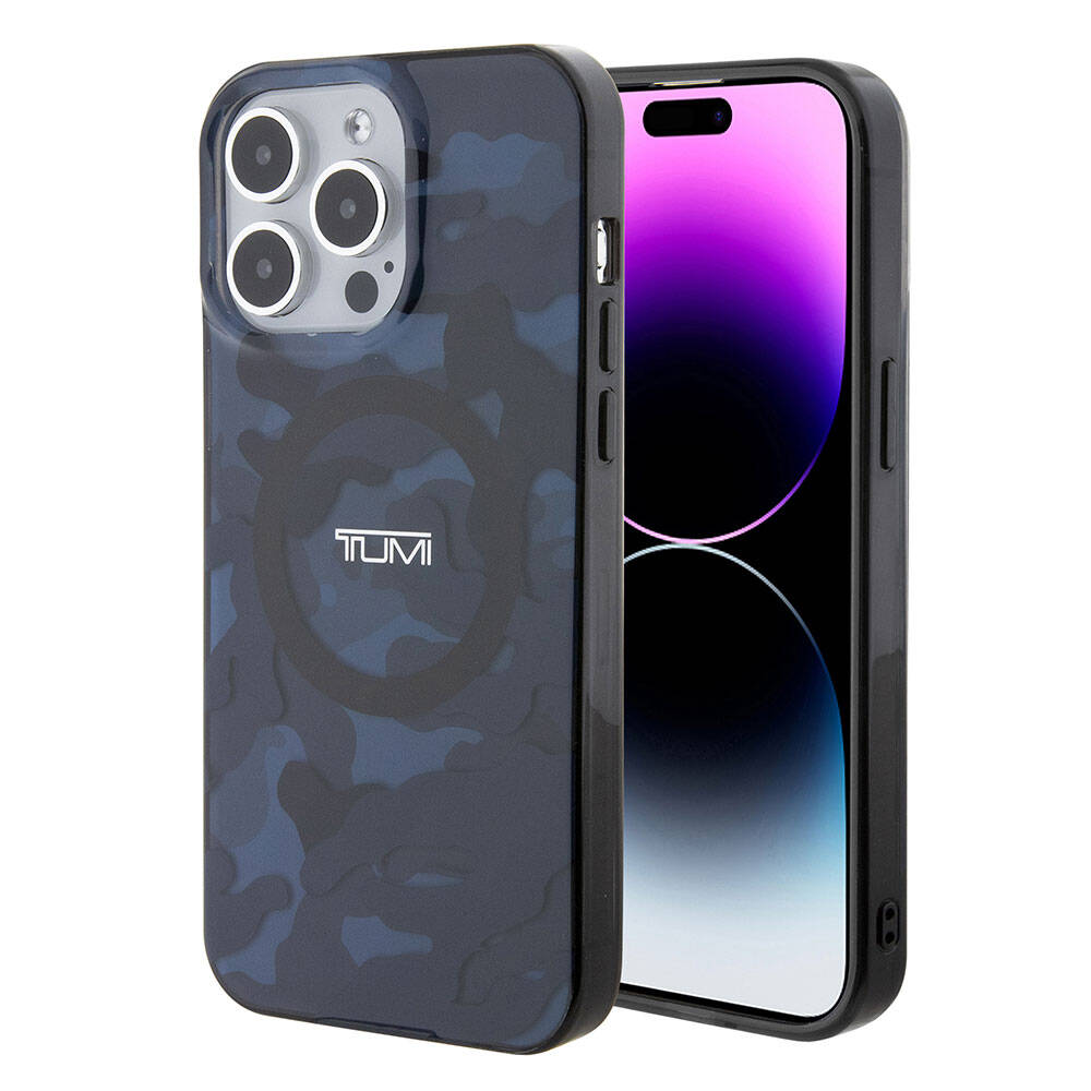 Apple iPhone 15 Pro Max Kılıf TUMI Orjinal Lisanslı M-safe Şarj Özellikli PC TPU Çift Katmanlı Kamuflaj Desenli Kapak Mavi