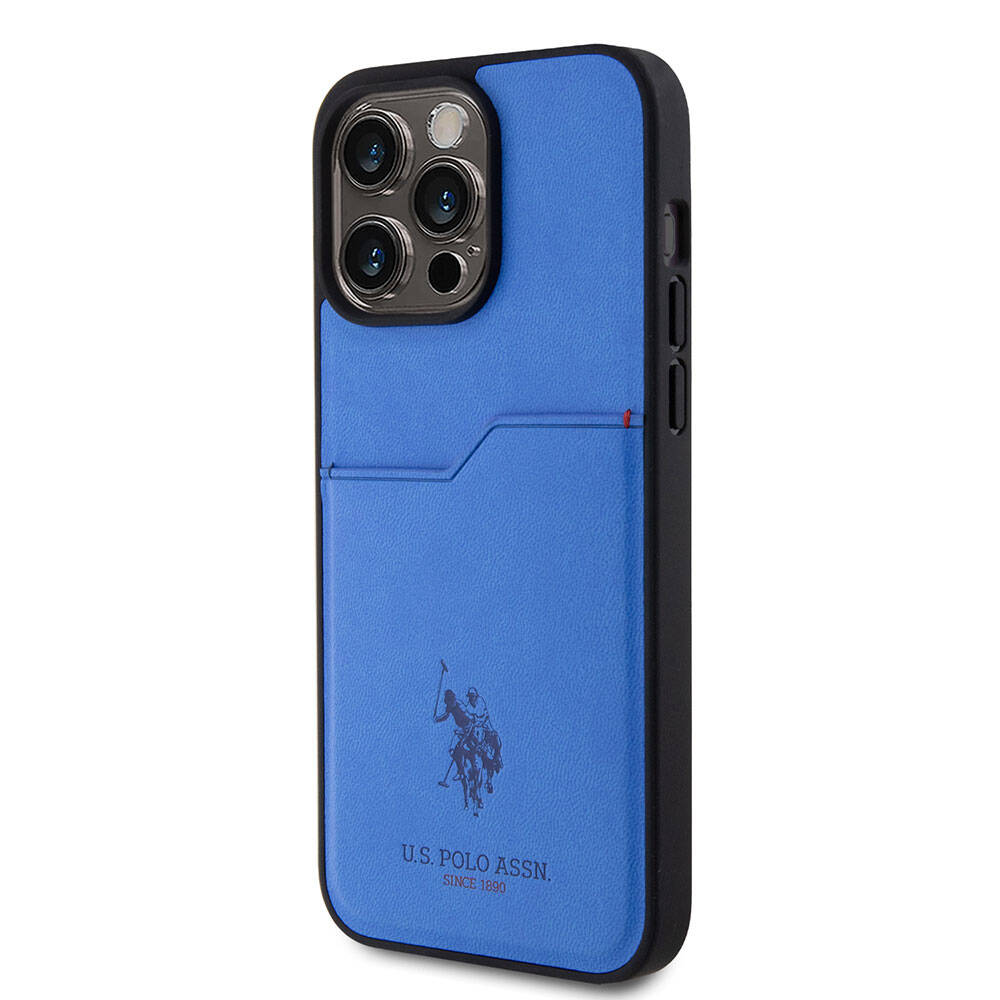 Apple iPhone 15 Pro Max Kılıf U.S. Polo Assn. Orjinal Lisanslı Baskı Logolu PU Kartlıklı Kapak Mavi