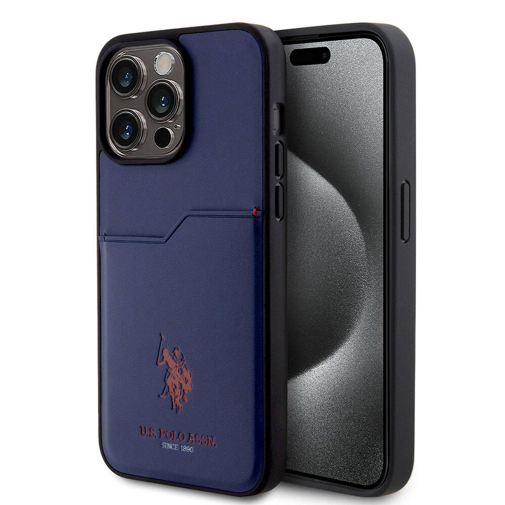 Apple iPhone 15 Pro Max Kılıf U.S. Polo Assn. Orjinal Lisanslı Baskı Logolu PU Kartlıklı Kapak Lacivert
