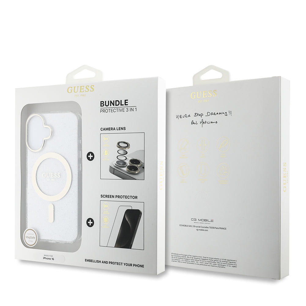 Apple iPhone 16 Guess Orjinal Lisanslı 3'lü Aksesuar Seti IML Baskılı Simli Glitter Kılıf + Ekran Koruyucu + Lens Koruyucu Şeffaf