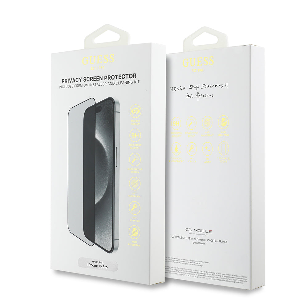 Apple iPhone 16 Guess Orjinal Lisanslı Hayalet Privacy Temperli Cam Ekran Koruyucu Uygulama Aparatlı Outline Serisi Siyah