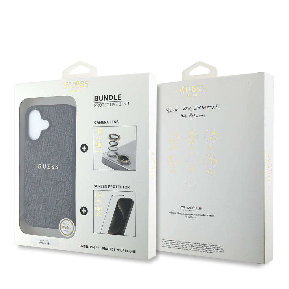 Apple iPhone 16 Guess Orjinal Lisanslı Kılıf + Ekran Koruyucu + Lens Koruyucu 3in1 Aksesuar Seti Siyah