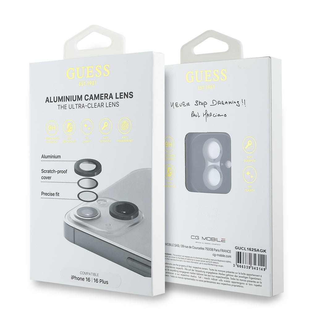 Apple iPhone 16 Guess Orjinal Lisanslı Metal Kamera Lens Koruyucu Siyah