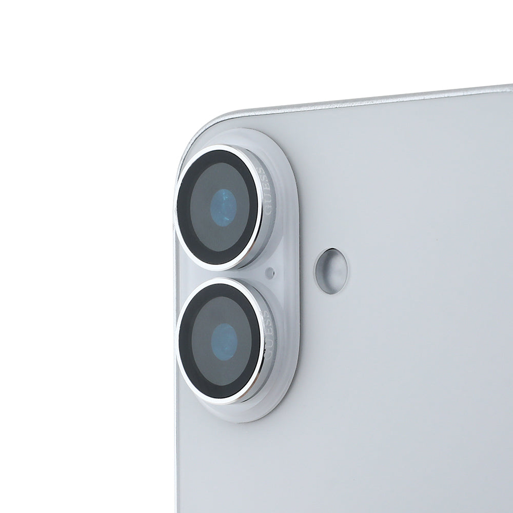 Apple iPhone 16 Guess Orjinal Lisanslı Metal Kamera Lens Koruyucu Gümüş