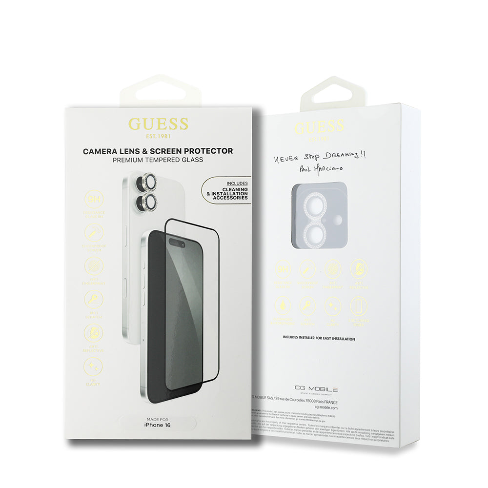 Apple iPhone 16 Guess Orjinal Lisanslı Rhinestone Ekran Koruyucu + Lens Koruyucu 2in1 Aksesuar Seti Gümüş