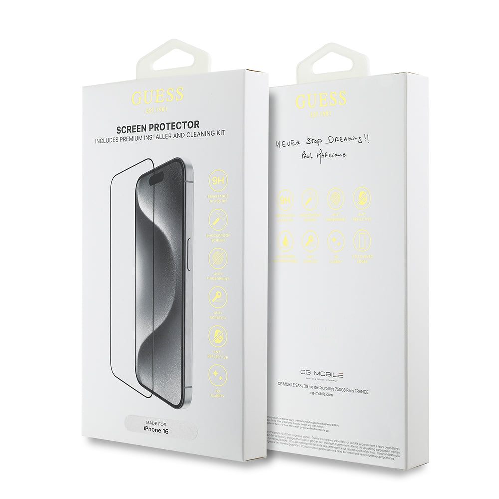 Apple iPhone 16 Guess Orjinal Lisanslı Temperli Cam Ekran Koruyucu Uygulama Aparatlı Outline Serisi Siyah