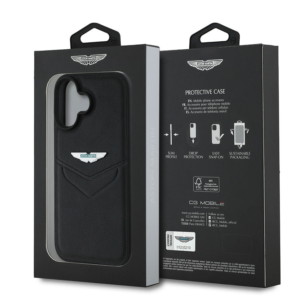 Apple iPhone 16 Kılıf Aston Martin Orjinal Lisanslı Victory Dizayn PU Deri Metal Logolu Kapak Siyah