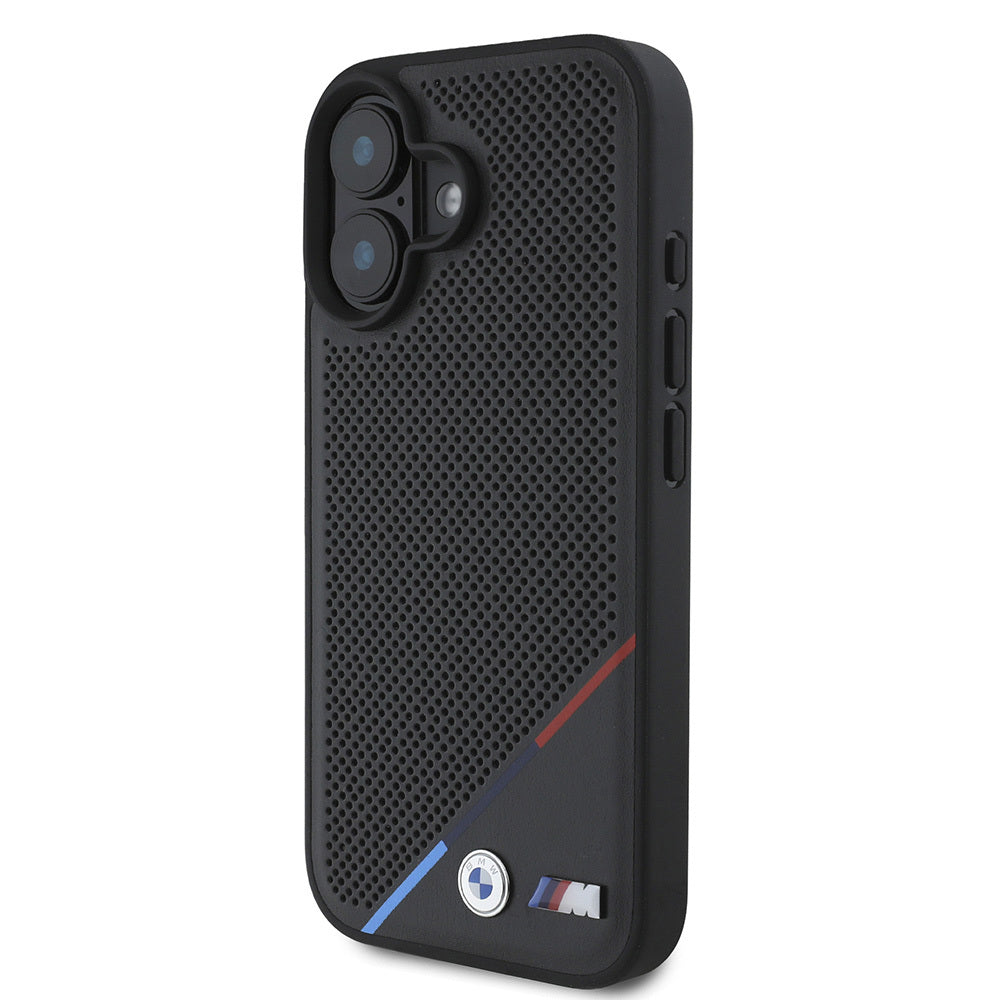 Apple iPhone 16 Kılıf BMW Orjinal Lisanslı M-safe Şarj Özellikli M Logolu Üç Çizgili Delikli Deri Kapak Siyah