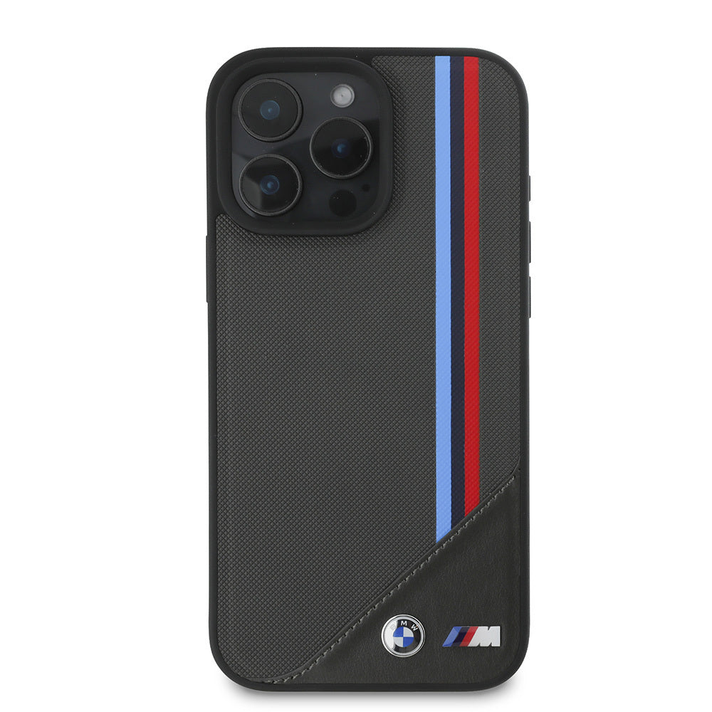 Apple iPhone 16 Kılıf BMW Orjinal Lisanslı M-safe Şarj Özellikli M Logolu Üç Çizgili Dikiş Detaylı Meshed Tricolor Stripes Kapak Siyah