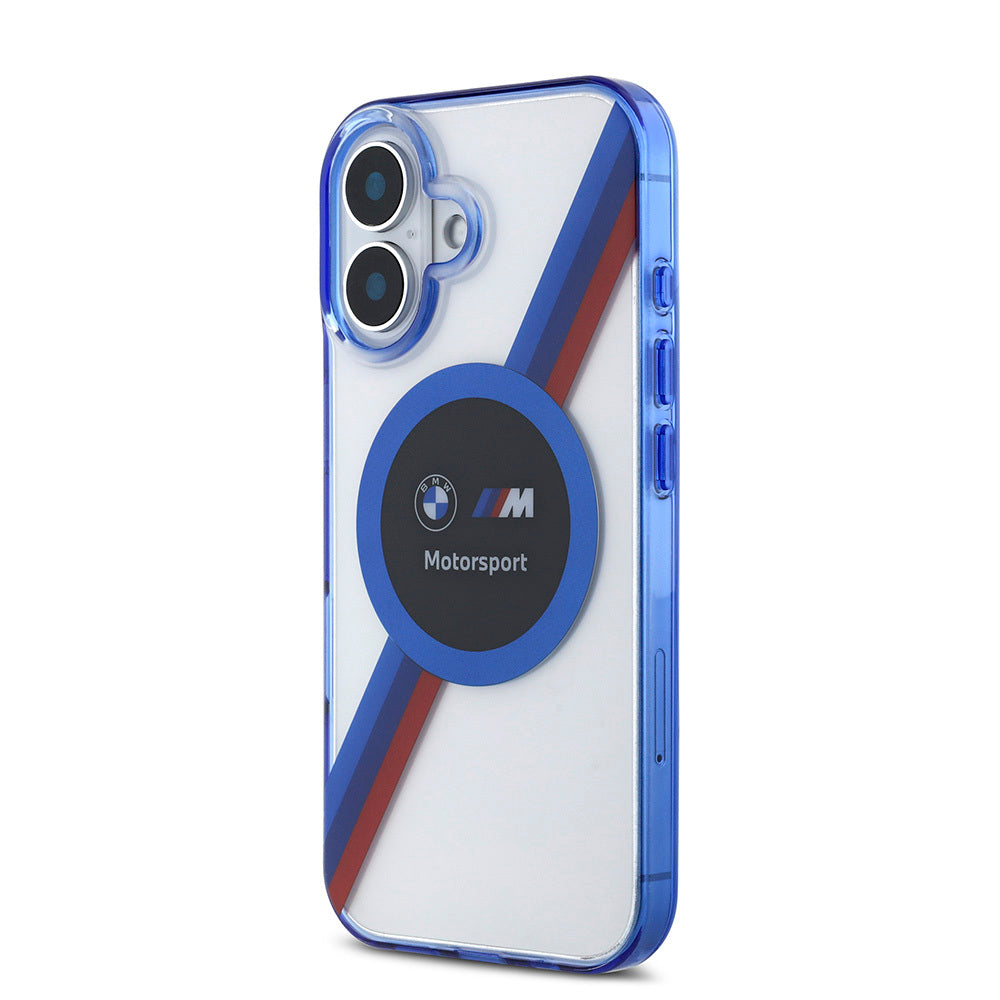 Apple iPhone 16 Kılıf BMW Orjinal Lisanslı M-safe Şarj Özellikli M Logolu Üç Renk Çizgili Motorsport Circle Kapak Şeffaf
