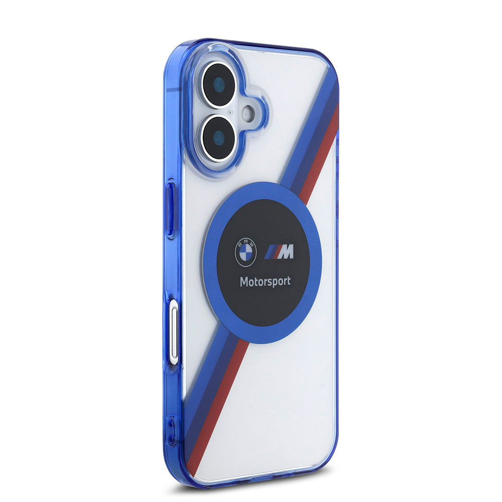 Apple iPhone 16 Kılıf BMW Orjinal Lisanslı M-safe Şarj Özellikli M Logolu Üç Renk Çizgili Motorsport Circle Kapak Şeffaf