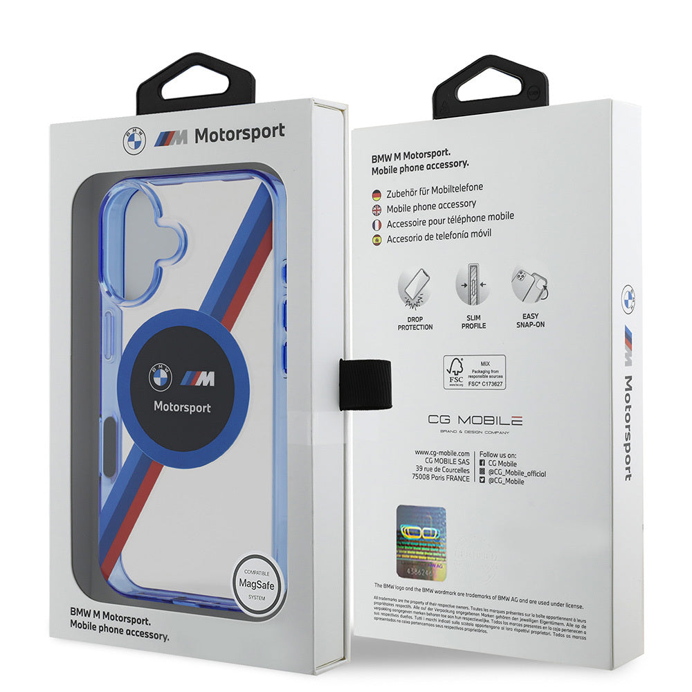 Apple iPhone 16 Kılıf BMW Orjinal Lisanslı M-safe Şarj Özellikli M Logolu Üç Renk Çizgili Motorsport Circle Kapak Şeffaf