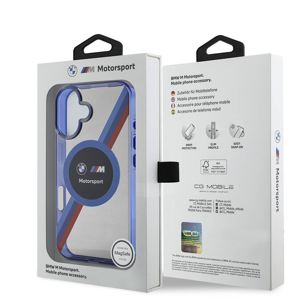 Apple iPhone 16 Kılıf BMW Orjinal Lisanslı M Logolu Üç Renk Çizgili Motorsport Circle Kapak Siyah