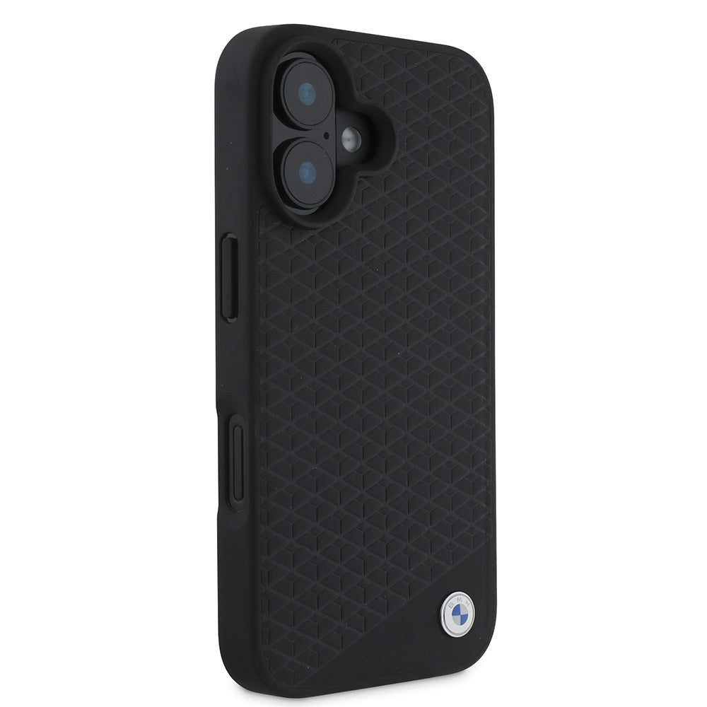 Apple iPhone 16 Kılıf BMW Orjinal Lisanslı M-safe Şarj Özellikli Metal Logolu Dokulu Diamond Deri Kapak Siyah