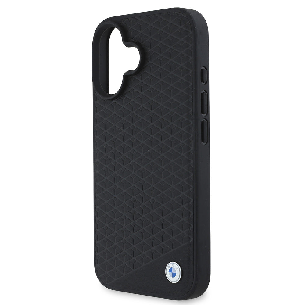 Apple iPhone 16 Kılıf BMW Orjinal Lisanslı M-safe Şarj Özellikli Metal Logolu Dokulu Diamond Deri Kapak Siyah