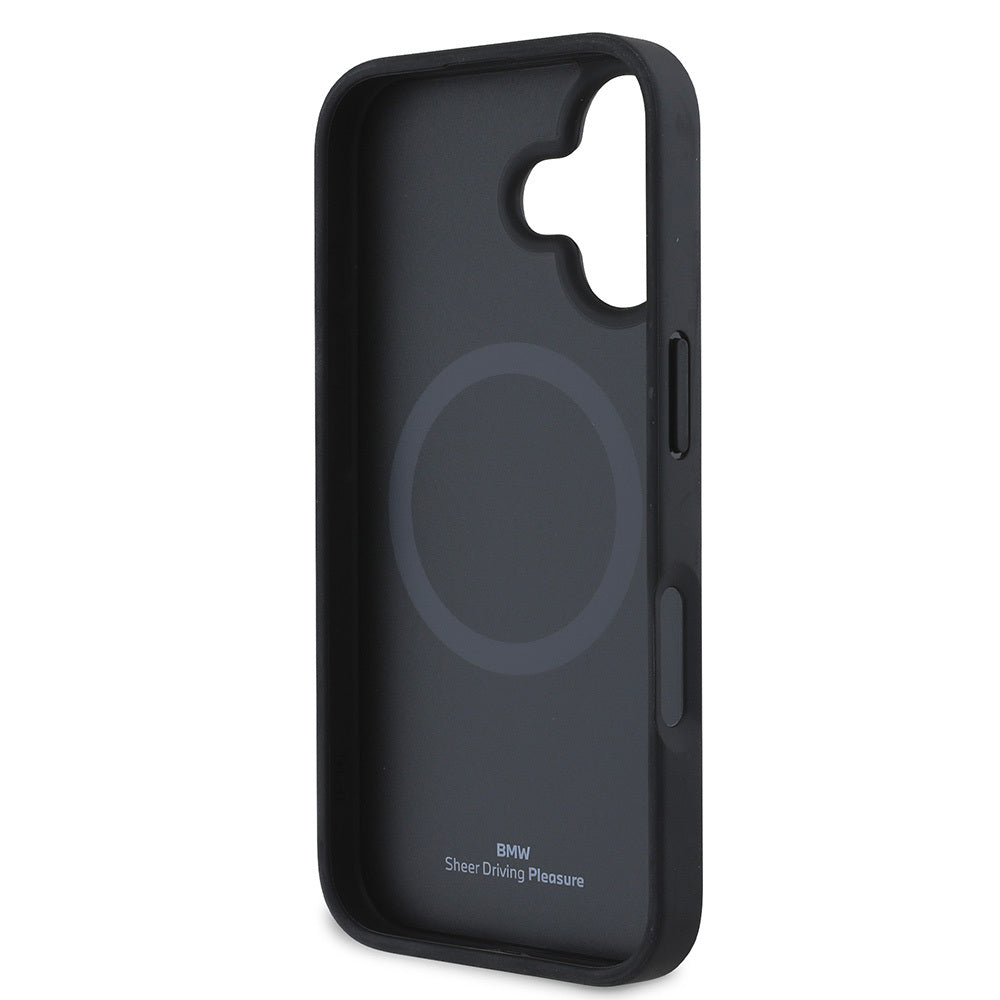 Apple iPhone 16 Kılıf BMW Orjinal Lisanslı M-safe Şarj Özellikli Metal Logolu Dokulu Diamond Deri Kapak Siyah