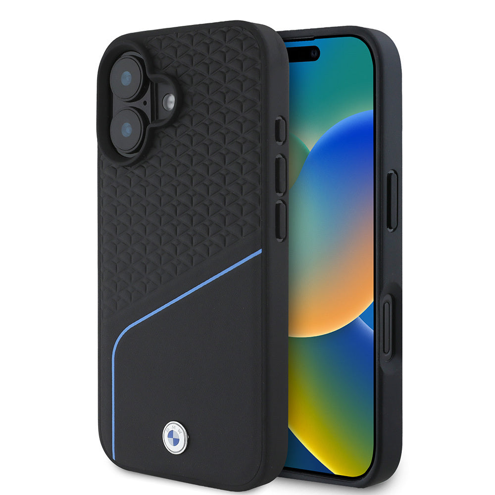 Apple iPhone 16 Kılıf BMW Orjinal Lisanslı M-safe Şarj Özellikli Metal Logolu Dokulu ve Çizgili Deri Kapak Gri