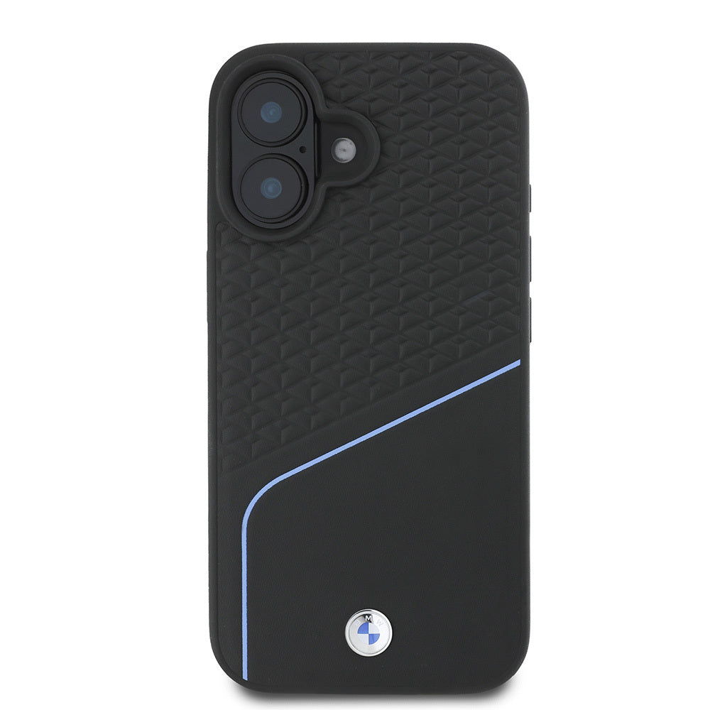 Apple iPhone 16 Kılıf BMW Orjinal Lisanslı M-safe Şarj Özellikli Metal Logolu Dokulu ve Çizgili Deri Kapak Siyah