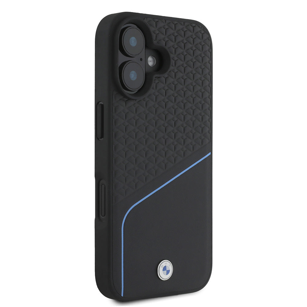 Apple iPhone 16 Kılıf BMW Orjinal Lisanslı M-safe Şarj Özellikli Metal Logolu Dokulu ve Çizgili Deri Kapak Siyah