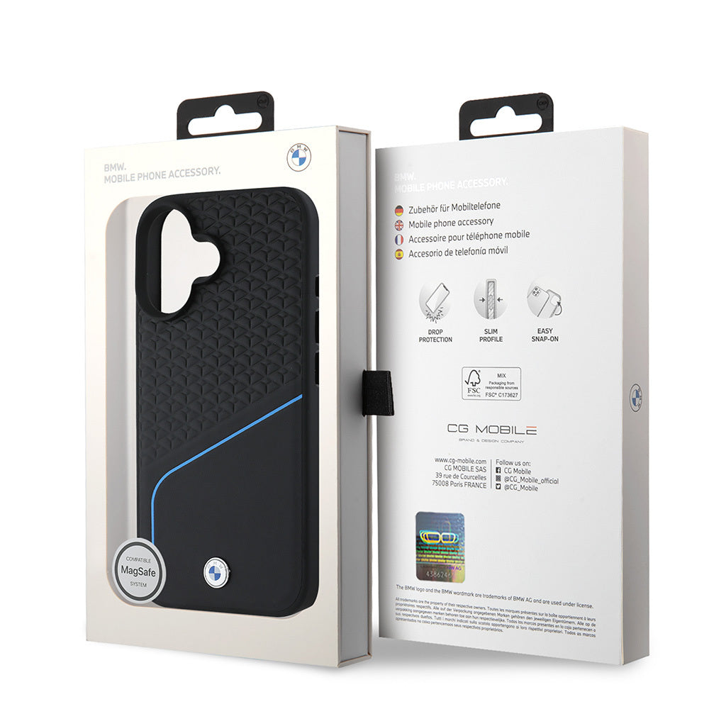 Apple iPhone 16 Kılıf BMW Orjinal Lisanslı M-safe Şarj Özellikli Metal Logolu Dokulu ve Çizgili Deri Kapak Siyah