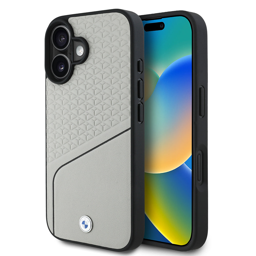 Apple iPhone 16 Kılıf BMW Orjinal Lisanslı M-safe Şarj Özellikli Metal Logolu Dokulu ve Çizgili Deri Kapak Gri