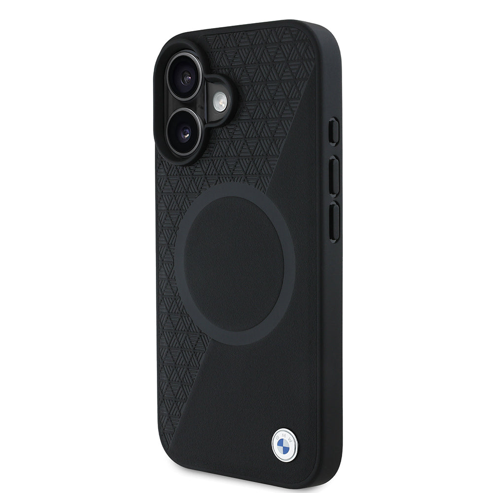 Apple iPhone 16 Kılıf BMW Orjinal Lisanslı M-safe Şarj Özellikli Metal Logolu Yarım Dokulu Circle Deri Kapak Siyah