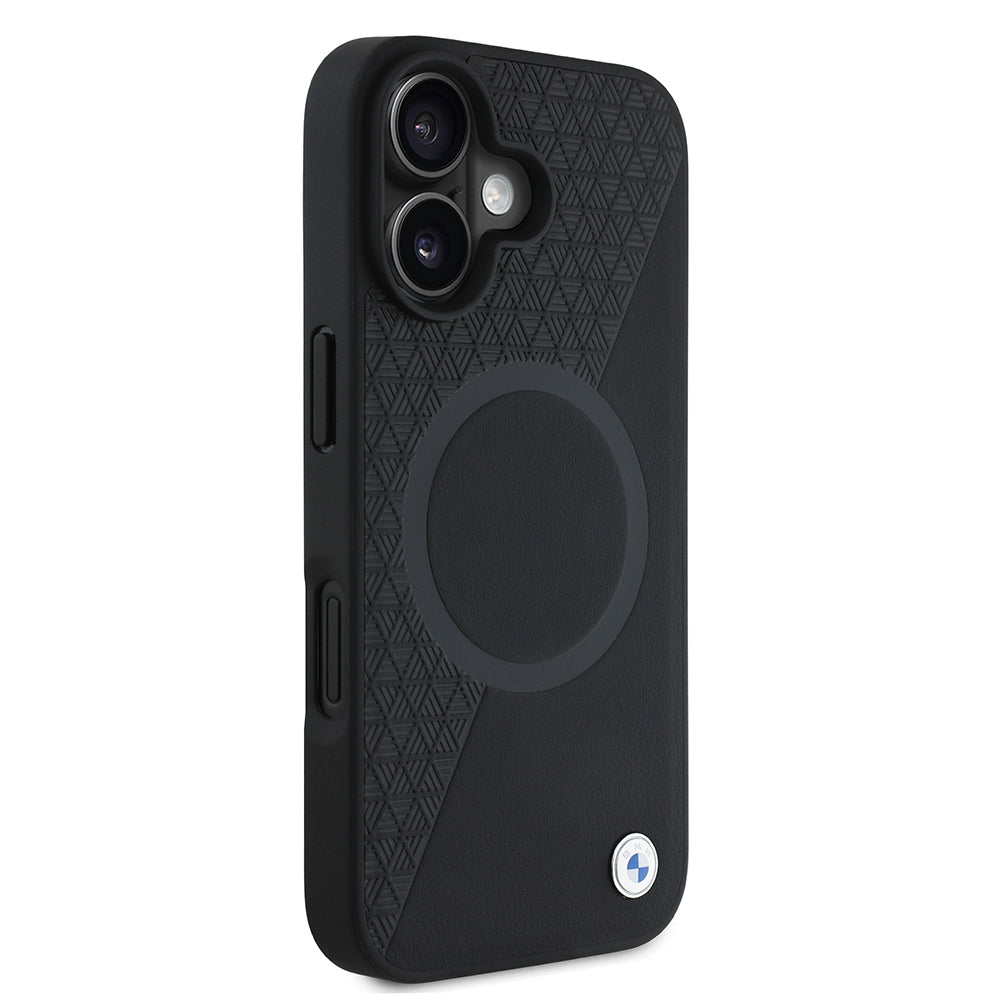 Apple iPhone 16 Kılıf BMW Orjinal Lisanslı M-safe Şarj Özellikli Metal Logolu Yarım Dokulu Circle Deri Kapak Siyah