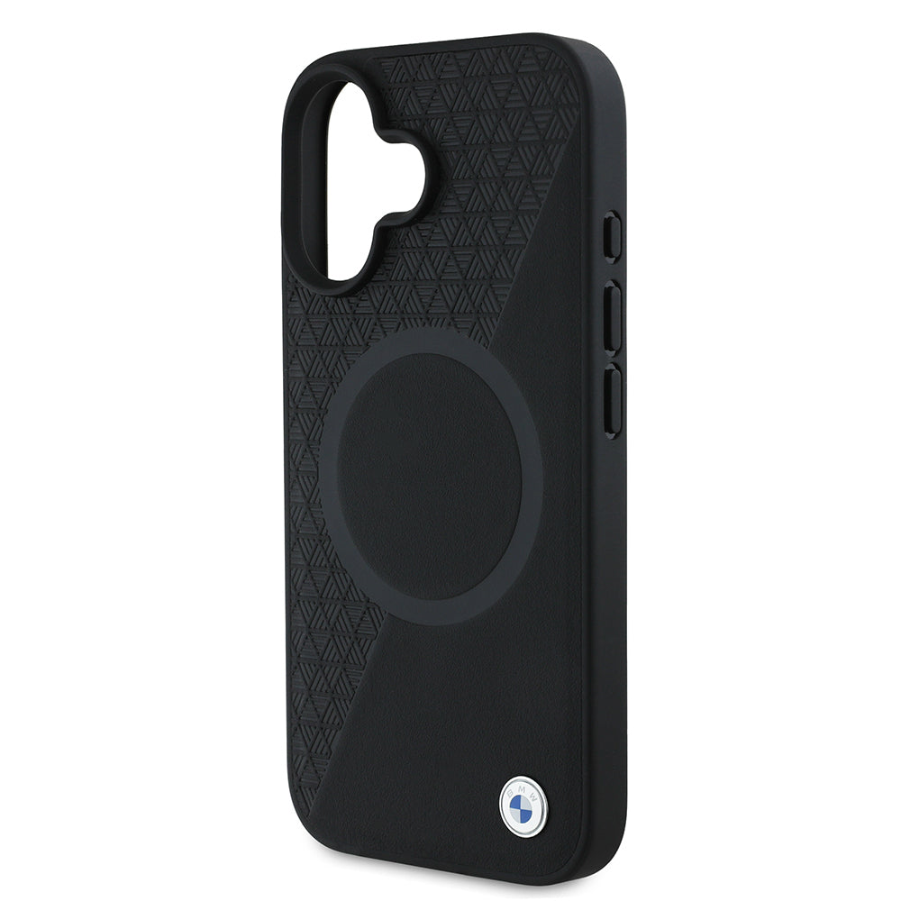 Apple iPhone 16 Kılıf BMW Orjinal Lisanslı M-safe Şarj Özellikli Metal Logolu Yarım Dokulu Circle Deri Kapak Siyah