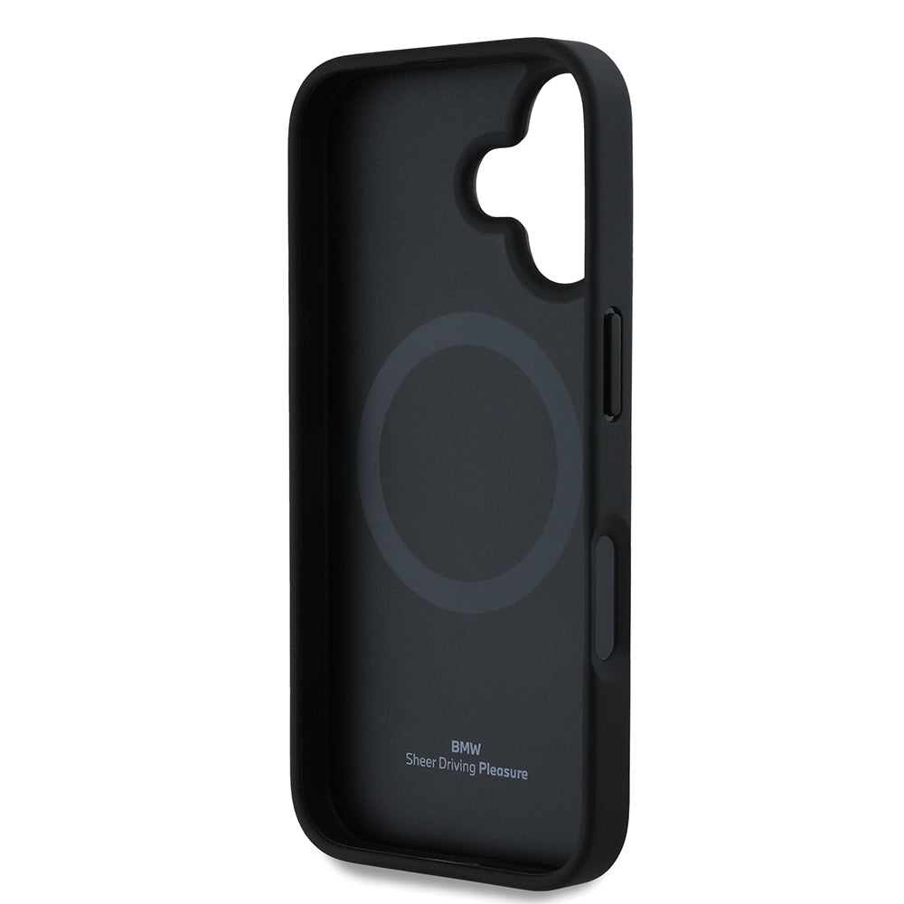 Apple iPhone 16 Kılıf BMW Orjinal Lisanslı M-safe Şarj Özellikli Metal Logolu Yarım Dokulu Circle Deri Kapak Siyah