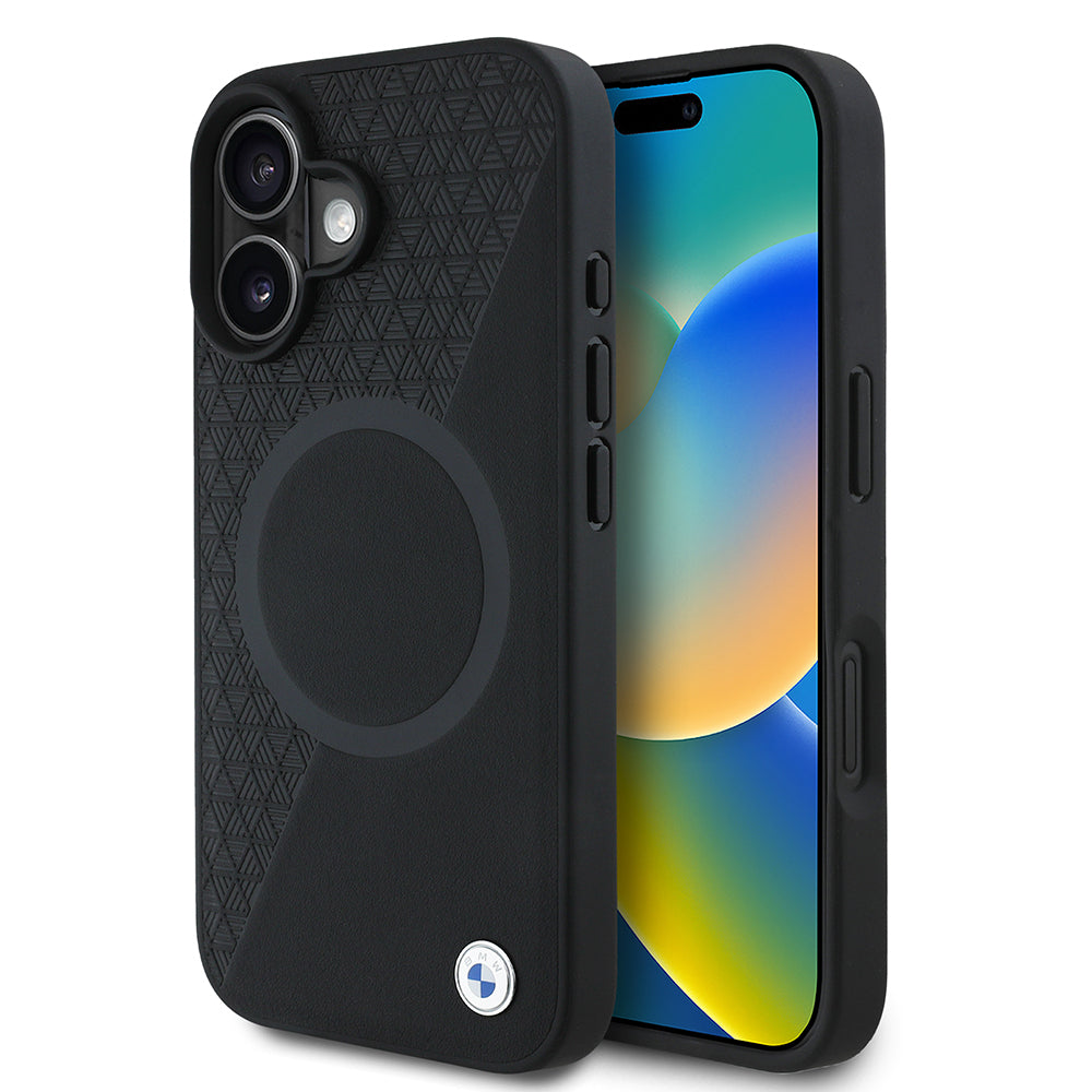 Apple iPhone 16 Kılıf BMW Orjinal Lisanslı M-safe Şarj Özellikli Metal Logolu Yarım Dokulu Circle Deri Kapak Siyah