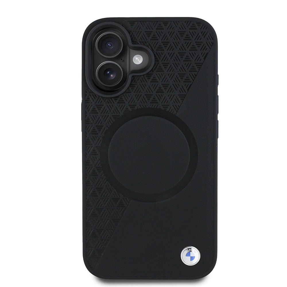 Apple iPhone 16 Kılıf BMW Orjinal Lisanslı M-safe Şarj Özellikli Metal Logolu Yarım Dokulu Circle Deri Kapak Siyah