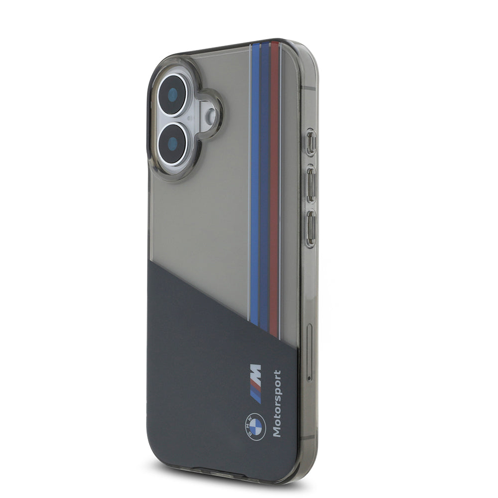 Apple iPhone 16 Kılıf BMW Orjinal Lisanslı Yarı Transparan M Dizayn Çizgili Kapak Siyah