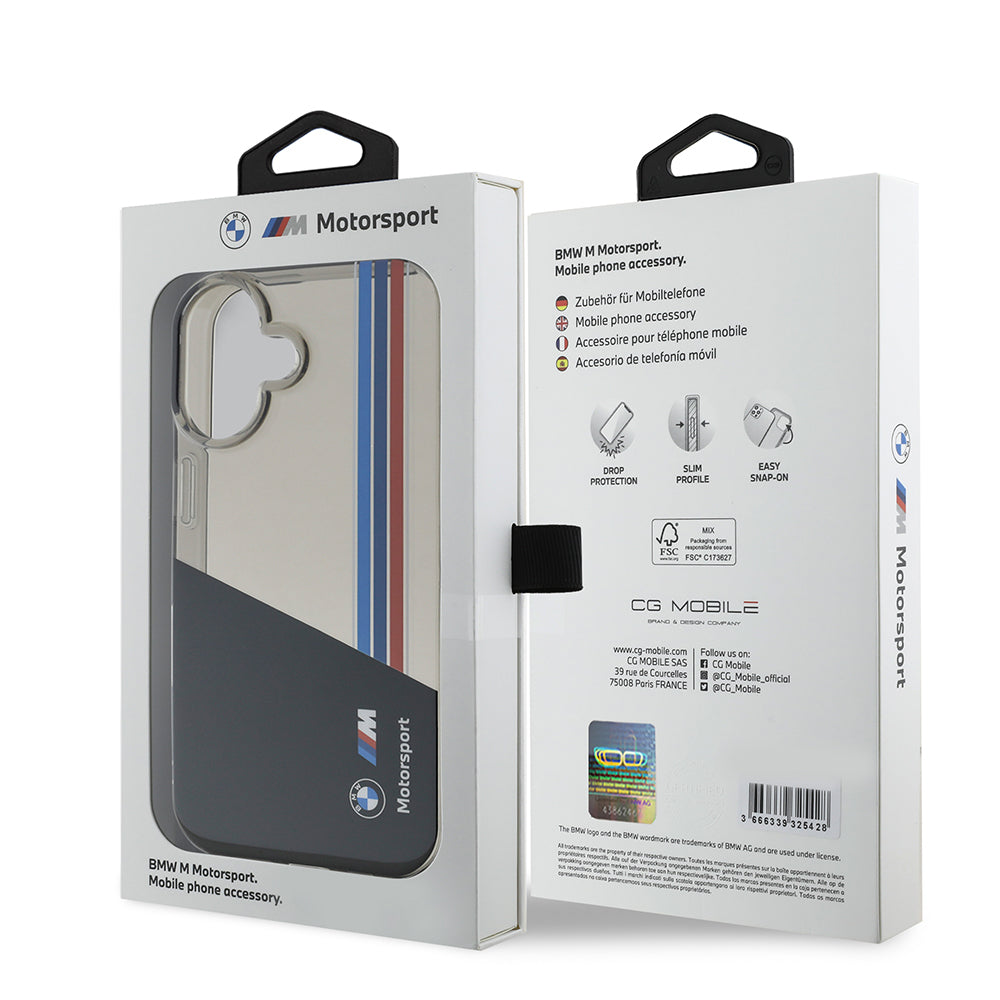 Apple iPhone 16 Kılıf BMW Orjinal Lisanslı Yarı Transparan M Dizayn Çizgili Kapak Siyah