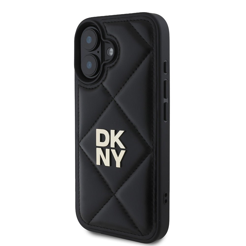 Apple iPhone 16 Kılıf DKNY Orjinal Lisanslı Kapitone Tasarımlı Metal Logolu Deri Kapak Siyah