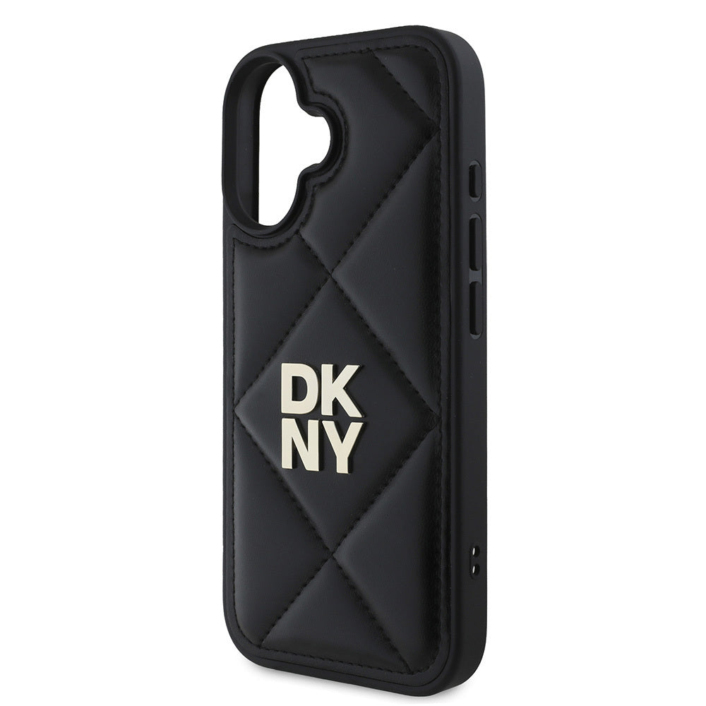 Apple iPhone 16 Kılıf DKNY Orjinal Lisanslı Kapitone Tasarımlı Metal Logolu Deri Kapak Siyah