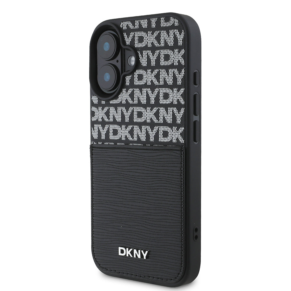 Apple iPhone 16 Kılıf DKNY Orjinal Lisanslı Kartlıklı 3D Yazılı Repeat Texture Pattern Kapak Siyah