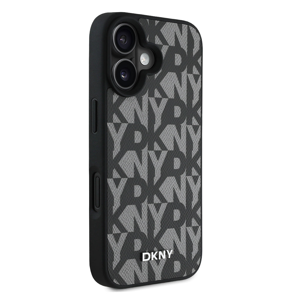 Apple iPhone 16 Kılıf DKNY Orjinal Lisanslı M-safe Şarj Özellikli 3D Yazılı Grid Pattern Kapak Gri