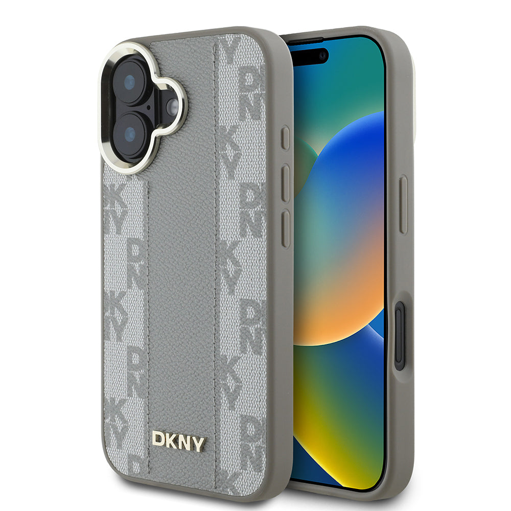 Apple iPhone 16 Kılıf DKNY Orjinal Lisanslı M-safe Şarj Özellikli 3D Yazılı Checkered Pattern Kapak Siyah