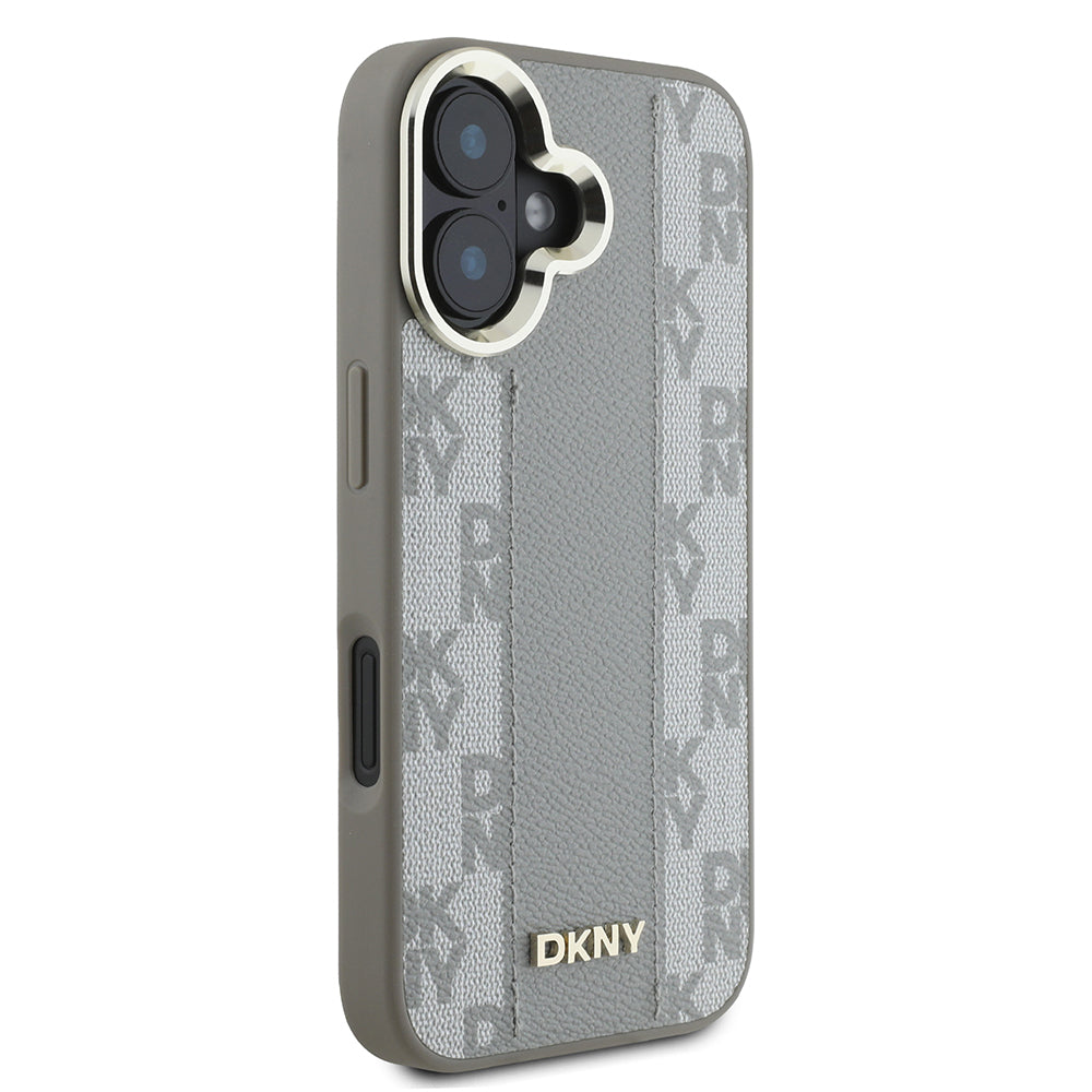 Apple iPhone 16 Kılıf DKNY Orjinal Lisanslı M-safe Şarj Özellikli 3D Yazılı Checkered Pattern Kapak Bej