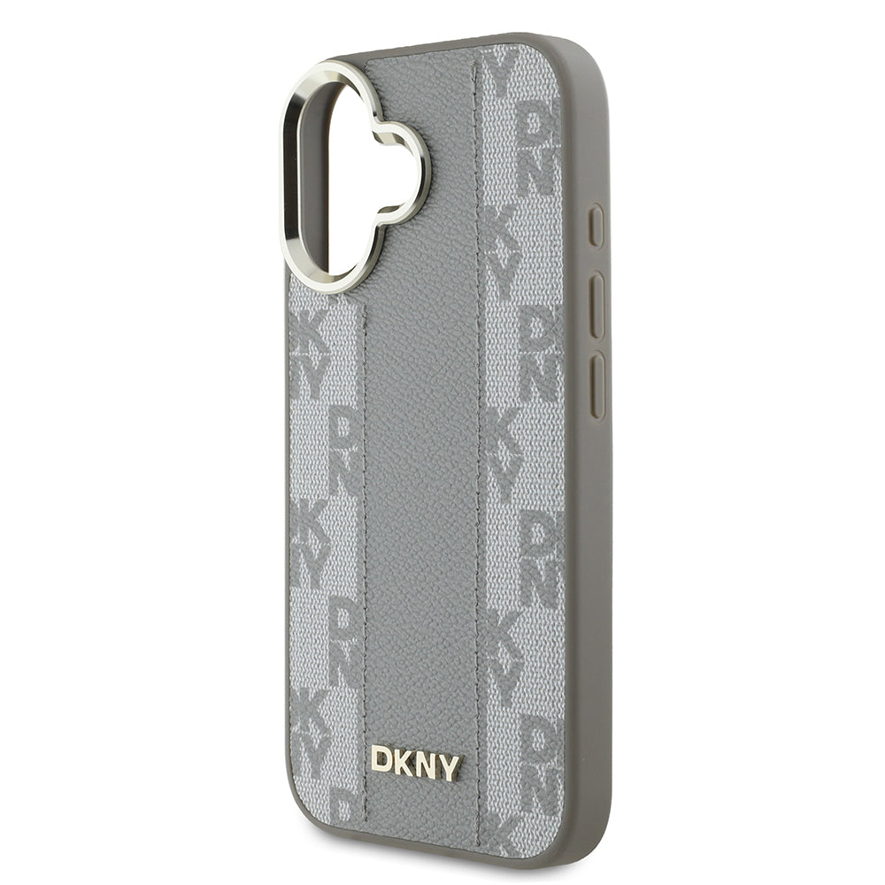 Apple iPhone 16 Kılıf DKNY Orjinal Lisanslı M-safe Şarj Özellikli 3D Yazılı Checkered Pattern Kapak Bej