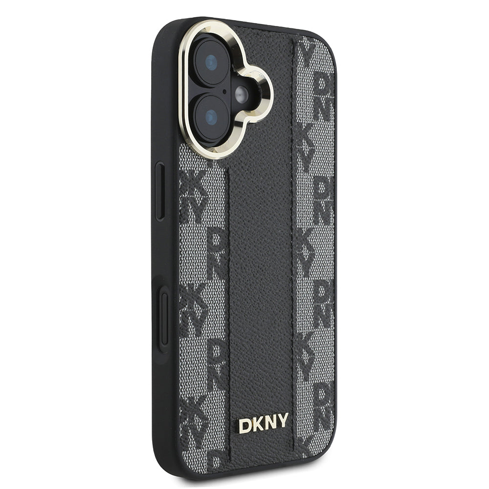 Apple iPhone 16 Kılıf DKNY Orjinal Lisanslı M-safe Şarj Özellikli 3D Yazılı Checkered Pattern Kapak Siyah