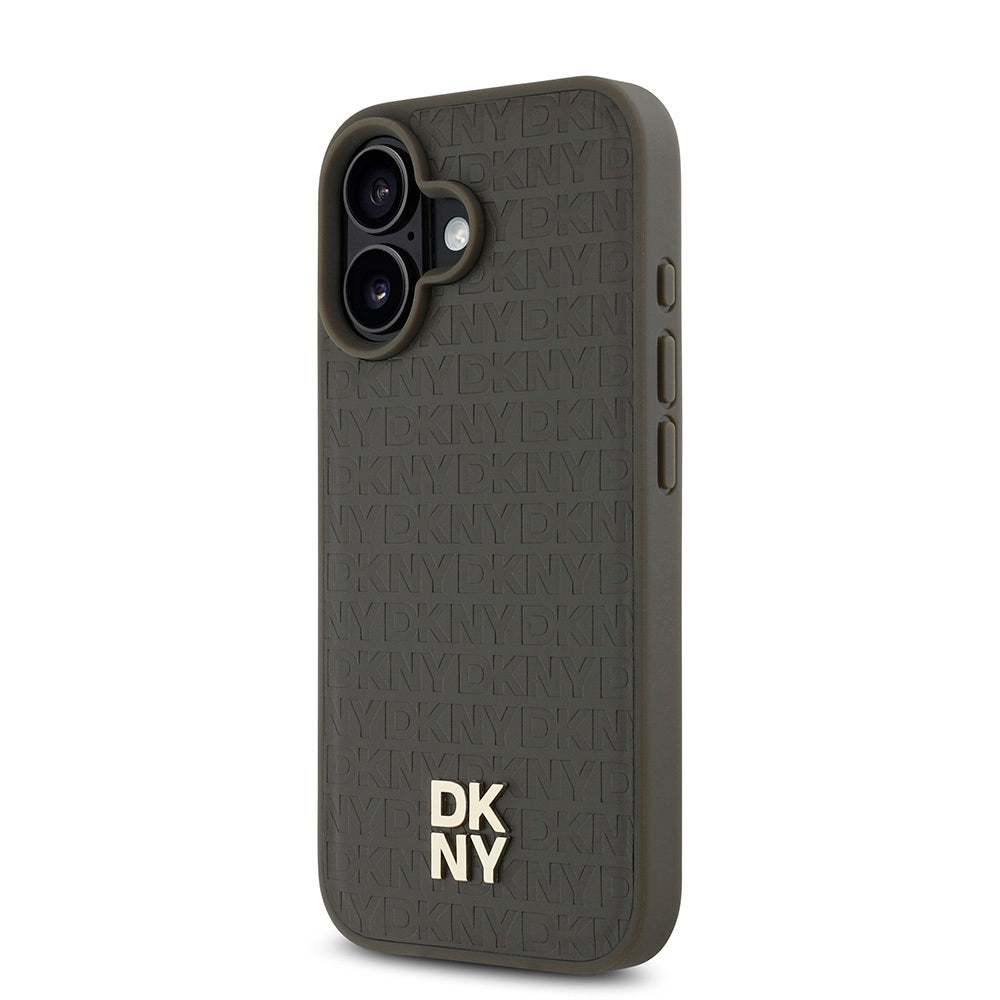 Apple iPhone 16 Kılıf DKNY Orjinal Lisanslı M-safe Şarj Özellikli 3D Yazılı Repeat Pattern Kapak Kahverengi