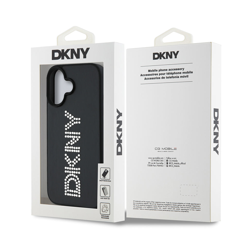 Apple iPhone 16 Kılıf DKNY Orjinal Lisanslı Taşlı DKNY Yazılı Metalik Rhinestones PU Deri Kapak Kahverengi