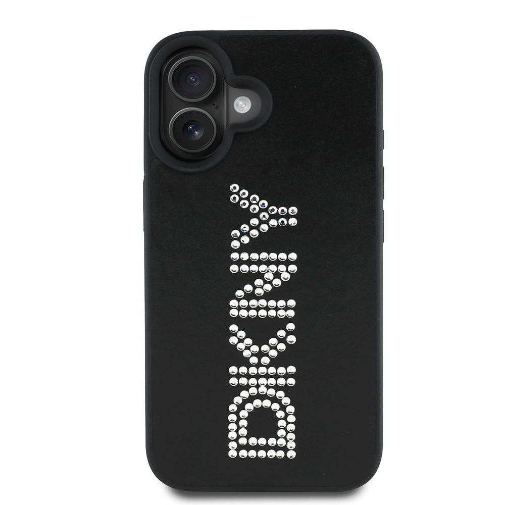 Apple iPhone 16 Kılıf DKNY Orjinal Lisanslı Taşlı DKNY Yazılı Metalik Rhinestones PU Deri Kapak Siyah