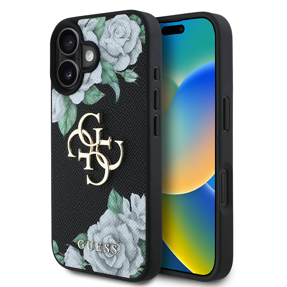 Apple iPhone 16 Kılıf Guess Orjinal Lisanslı Gül Baskılı Büyük Metal Logo Dizaynlı Kapak Pembe